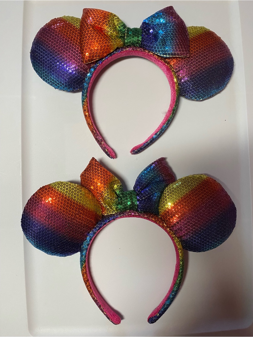 PAIR Rainbow Sequin Mouse Ear Headband with Bow - Pink Trim